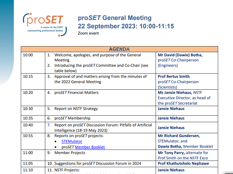 NSTF_SA's tweet image. Mr David Botha, proSETCo-Chairperson, is welcoming members, explaining the purpose of the meeting, as well as introducing the members of the proSET Committee and Co-Chair. Click here for the programme: shorturl.at/yCJR0 
#proSET #GeneralMeeting #professionalsocieties