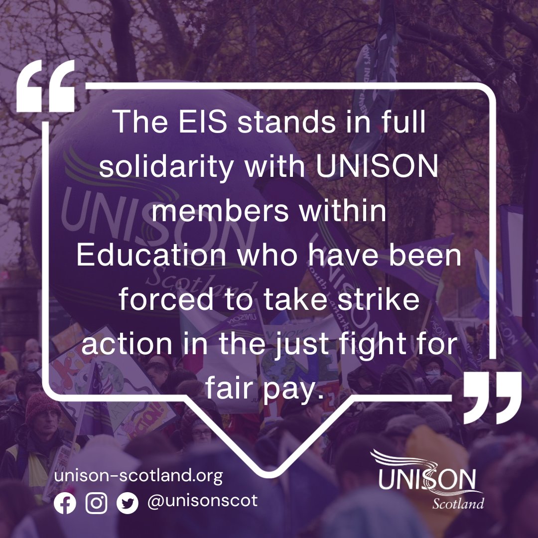 EIS General Secretary Andrea Bradley sends a resounding message of unwavering support to UNISON school and early years members as they prepare to take a stand with strike action across 24 local authorities next week. 📢✊ #PayUpForCouncilStaff 

unison-scotland.org/solidarity-fro…