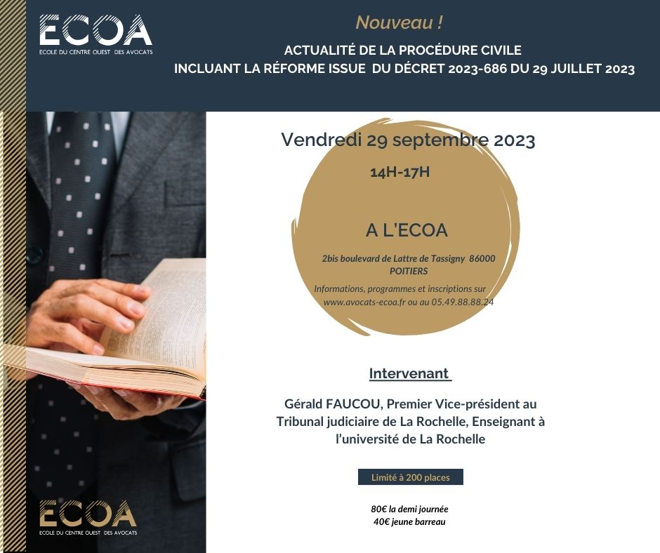 Nouveau!
2 nouvelles procédures pourront être mises en œuvre à compter du 1/11/23 pour favoriser le règlement amiable des litiges devant le tribunal judiciaire
Pour appréhender ce dispositif inédit, nous vous donnons rendez-vous le 29/09/23 dans nos locaux avocats-ecoa.fr/espaceprive/fo…