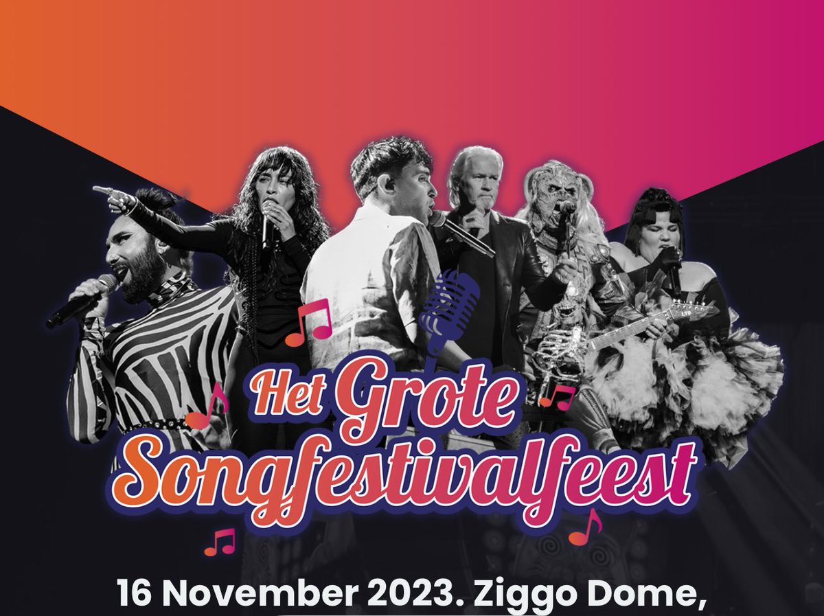 EurovisionNewZ's tweet photo. The official setlist for “ Het Grote Songfestivalfeest 2023” :

Charlotte Perrelli 🇸🇪 
Johnny Logan 🇮🇪 
Emmelie de forest 🇩🇰 
Verka Serduchka 🇺🇦 
Ruslana 🇺🇦 
Bobby socks 🇳🇴 
Ell & Niki 🇦🇿 
Mans Zelmerlow 🇸🇪 
Keiino 🇳🇴 
Eleni Foureira 🇨🇾 
Serhat 🇸🇲 
Alessandra 🇳🇴 
Gjon Tears 🇨🇭 
Gustaph 🇧🇪 
Gali Atari 🇮🇱 
Alika 🇪🇪 
Kaarija 🇫🇮 
WRS 🇷🇴 
Luca Hanni 🇨🇭 
Stefania 🇬🇷 
Linda wagenmakers 🇳🇱 
The Roop 🇱🇹
Ruth Jacott  🇳🇱 
Rosa Linn 🇦🇲 
Cornelia Jackobs 🇸🇪