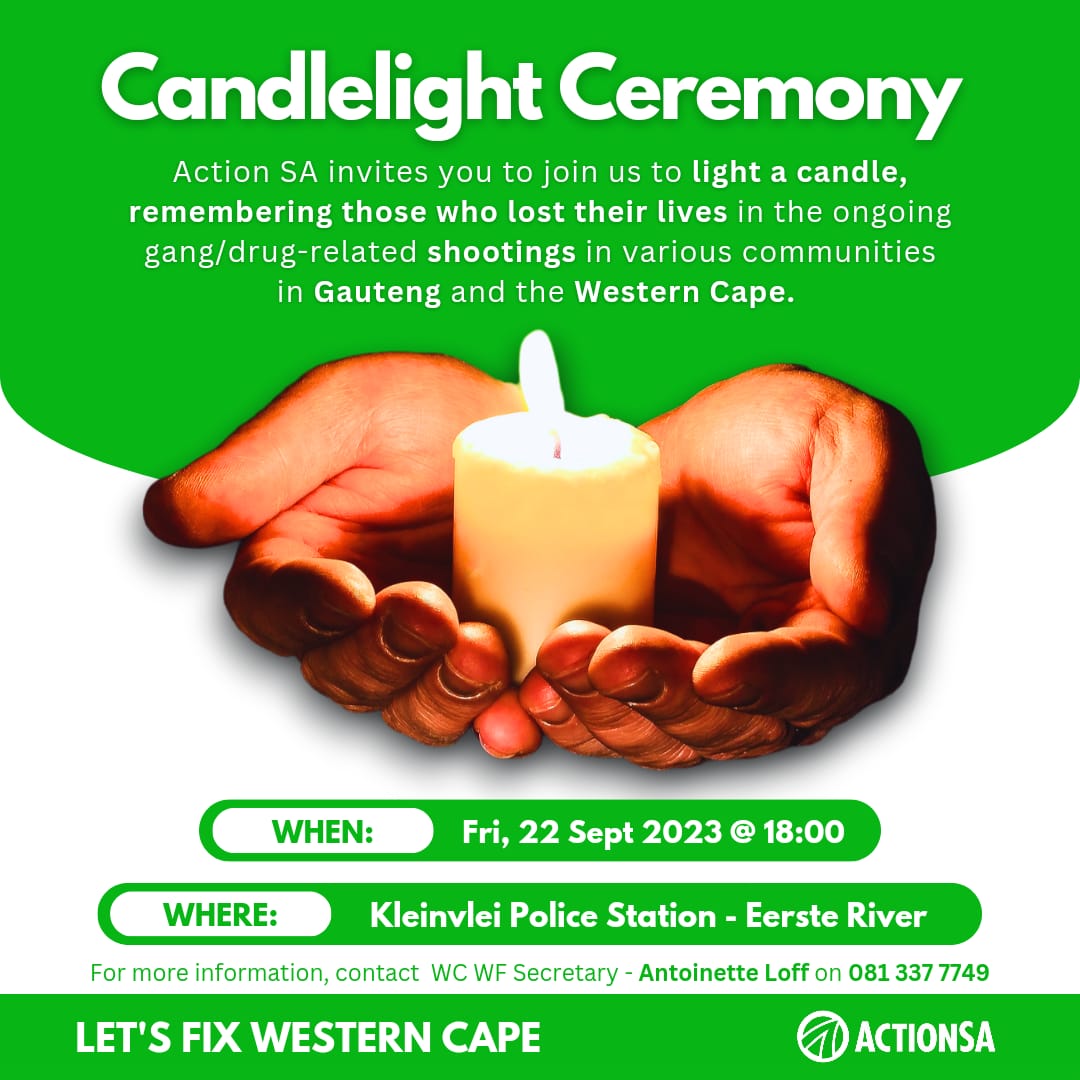 Please join the ActionSA WC Women's Forum at the Kleinvlei Police Station. We support the Campaign against Gang-Violence & Drug abuse tht is crippling our society. Let's #ACTASONE to fight this scourge while we remember those who hv lost their lives in the violence. #GangViolence