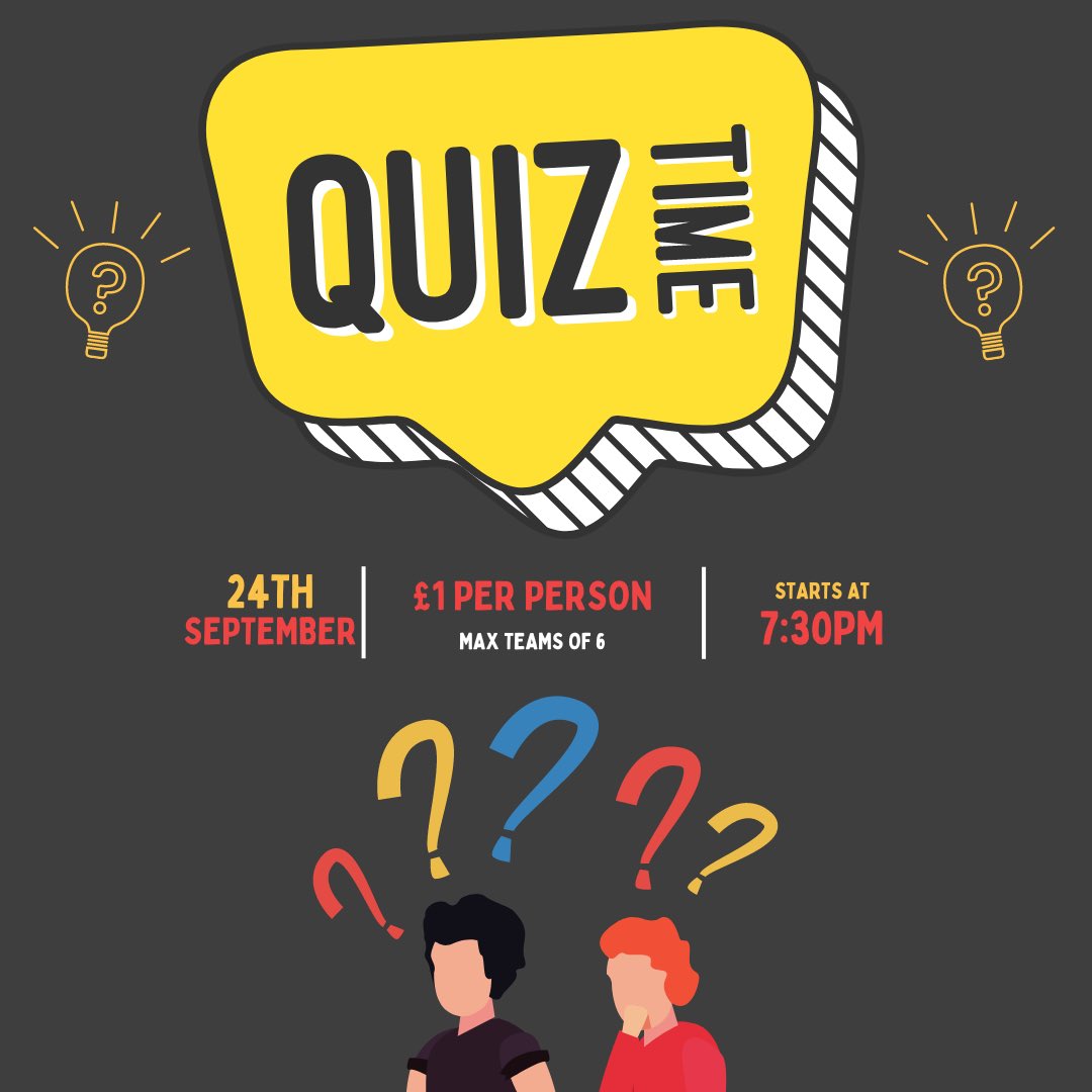 🧐QUIZ NIGHT IS BACK🧐

You don’t have to book ahead, but you can to avoid disappointment.

🎤£1 entry per team member 
🎤Cash prize
🎤Maximum team size of 6
🎤Starts at 7:30

Our kitchen will be open their usual Sunday hours, so you can enjoy a lovely roast beforehand!