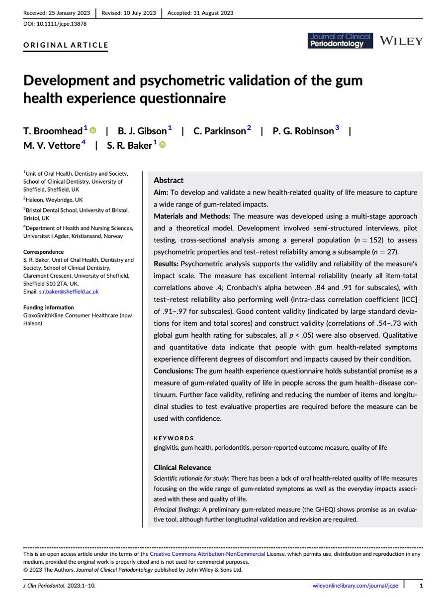 Prof Sarah Baker (@sarahrbakerdph) on Twitter photo Something we’ve been working on for a while
A new quality of life measure to capture person-reported impacts across the gum health-disease continuum
From gingivitis to periodontitis
Challenging!
Open access in onlinelibrary.wiley.com/doi/full/10.11…
With <a href="/tw_broomhead/">Tom Broomhead</a> @MarioVettore_ Something we’ve been working on for a while
A new quality of life measure to capture person-reported impacts across the gum health-disease continuum
From gingivitis to periodontitis
Challenging!
Open access in onlinelibrary.wiley.com/doi/full/10.11…
With <a href="/tw_broomhead/">Tom Broomhead</a> @MarioVettore_