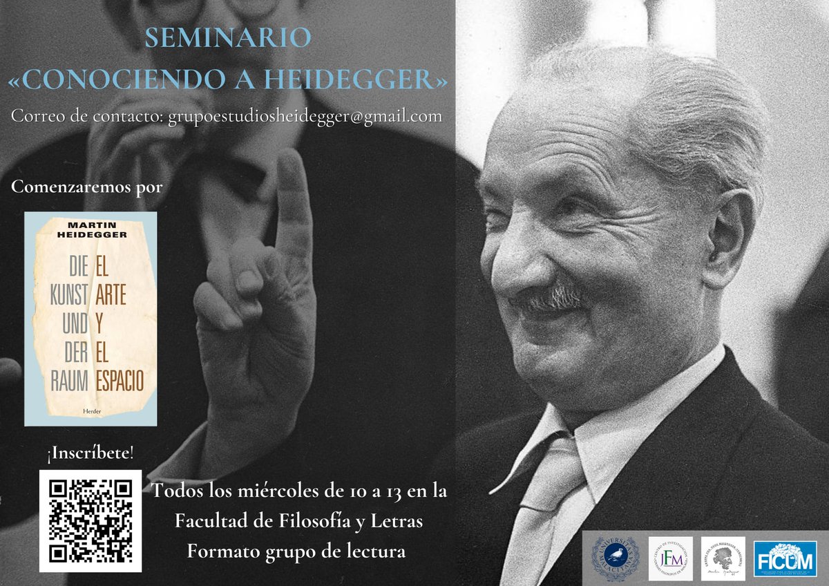 Este 4 de octubre vuelve el Seminario de Lectura «Conociendo a Heidegger».

Comenzaremos por la obra "El arte y el espacio".

Si quieres asistir háznoslo saber aquí: forms.gle/9Tix8NFaJbuamw…

¡Os esperamos!