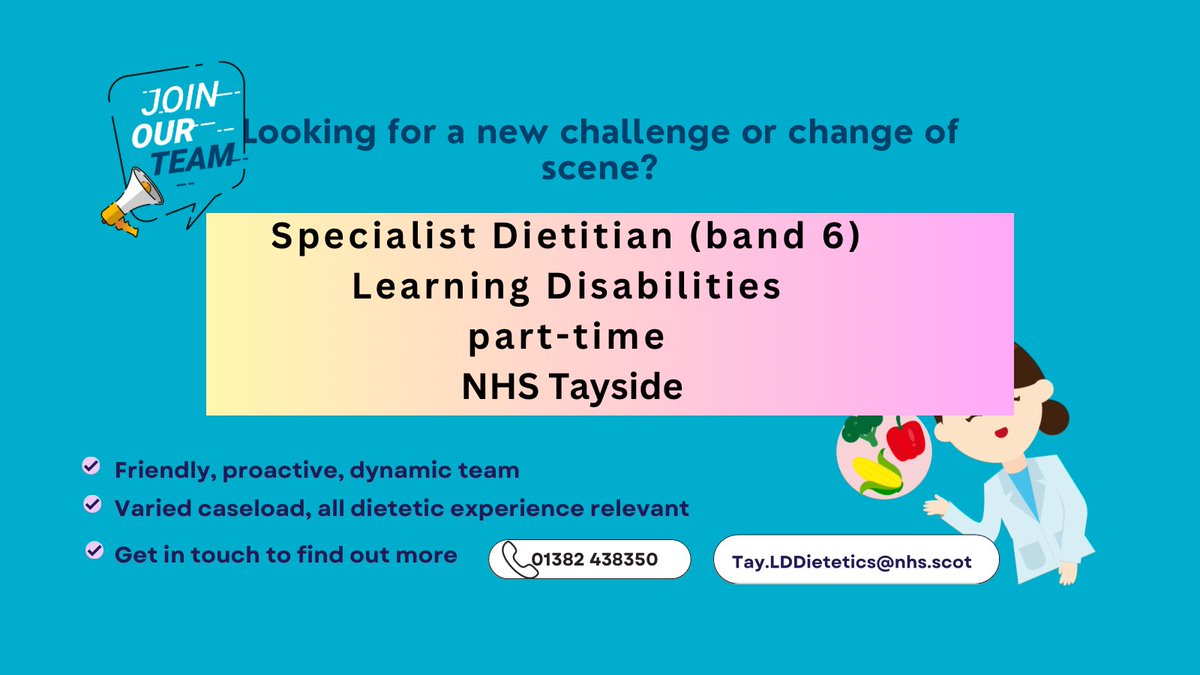 looking for a new challenge or change of scene?Join a friendly, proactive and dynamic team @NHSTayside LDDietetics @taysidedietetic would love to hear from you! Band 6, band 5 progression considered. apply.jobs.scot.nhs.uk/Job/JobDetail?…