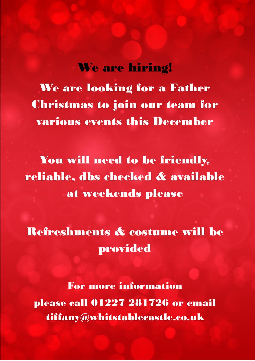 Do you know anyone that would like a few hours work this December?  We are looking for a Father Christmas to join our team over the weekends.  For more information please call 01227 281726 or email tiffany@whitstablecastle.co.uk #hiring #santa #jobsinkent #fatherchristmas #castle