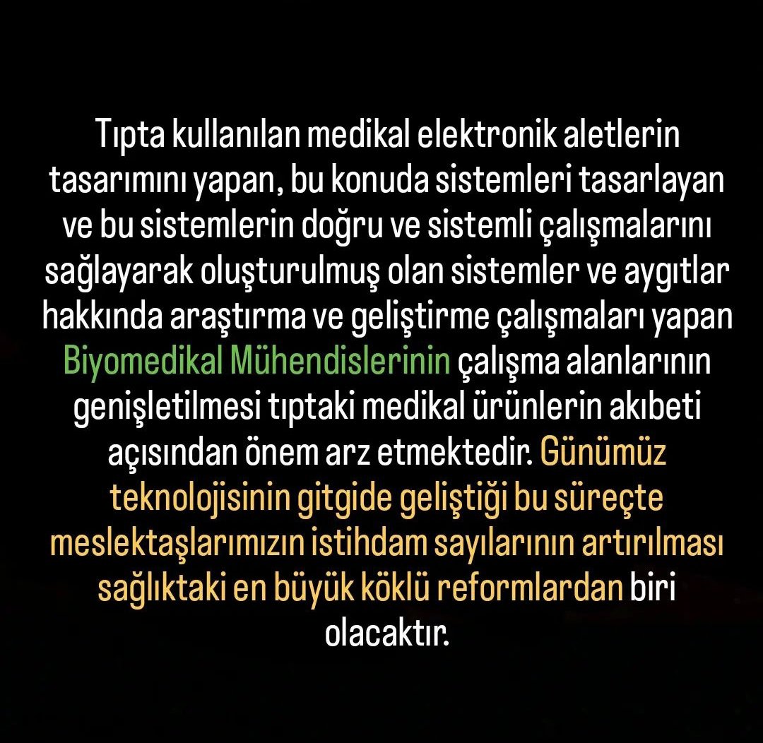 Günümüz teknolojisinin gitgide geliştiği bu süreçte #BiyomedikalMühendisi meslektaşlarımızın istihdam sayılarının artırılması sağlıktaki en büyük köklü reformlardan biri olacaktır. <a href="/drfahrettinkoca/">Dr. Fahrettin Koca</a> <a href="/yhgmsb/">Yönetim Hizmetleri Genel Müdürlüğü</a> <a href="/saglikbakanligi/">T.C. Sağlık Bakanlığı</a> #Sağlığa100BinAtama