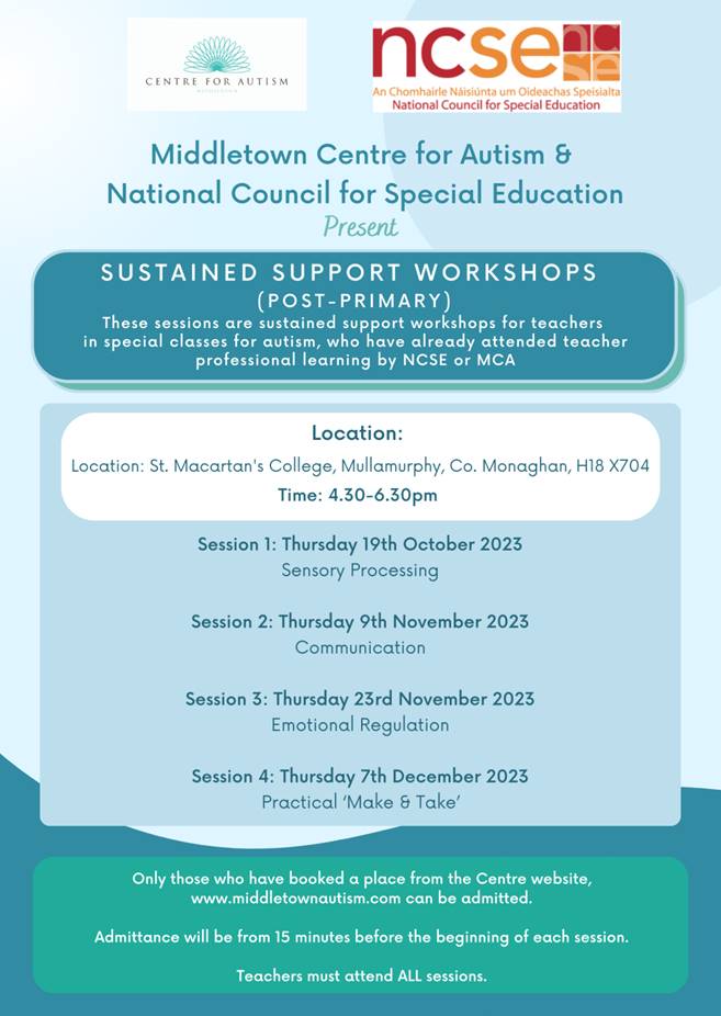 ncseirl's tweet photo. NCSE are delighted to launch sustained support workshops for teachers in special classes for autism, jointly delivered by Middletown Centre for Autism and NCSE. Please follow the links to book your place:

https://t.co/bkJ7k3RV9G

https://t.co/OTnQq4bNR1 https://t.co/bJT92IYduv