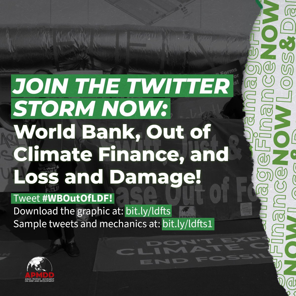 JOIN THE TWITTER STORM NOW:
#WBOutOfLDF!

The Loss and Damage Fund (LDF) is a victory won by the Global South in addressing, through reparations, the worsening losses and damages brought by the climate crisis.

The problem: The US is proposing the LDF to be under the World Bank.
