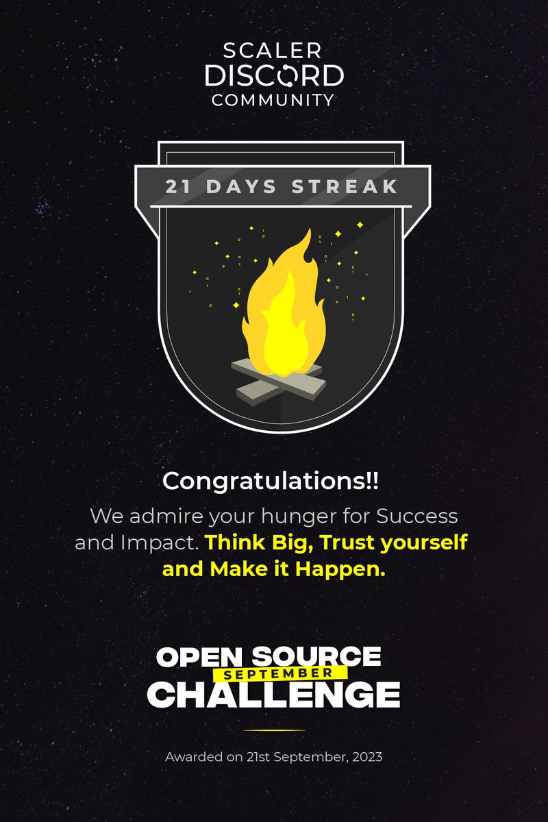 techysubham's tweet image. Hello All, I have successfully completed the 3rd milestone of the #OpenSourceSep Challenge with
@scaler_official Discord Community. 

You can join the community HERE - discord.gg/sugEpYvH8N 

#OpenSourceSeptemberChallenge #ScalerDiscord #opensource #scaler