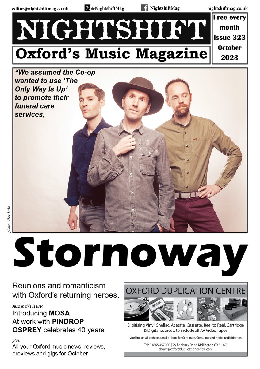 October's @NightshiftMag is online now at nightshiftmag.co.uk/2023/oct.pdf featuring a chat with @StornowayBand plus Introducing Mosa; at work with @PindropMusic + reviews of @youngknives @untruth_band + more & FIVE pages of gigs for the month.