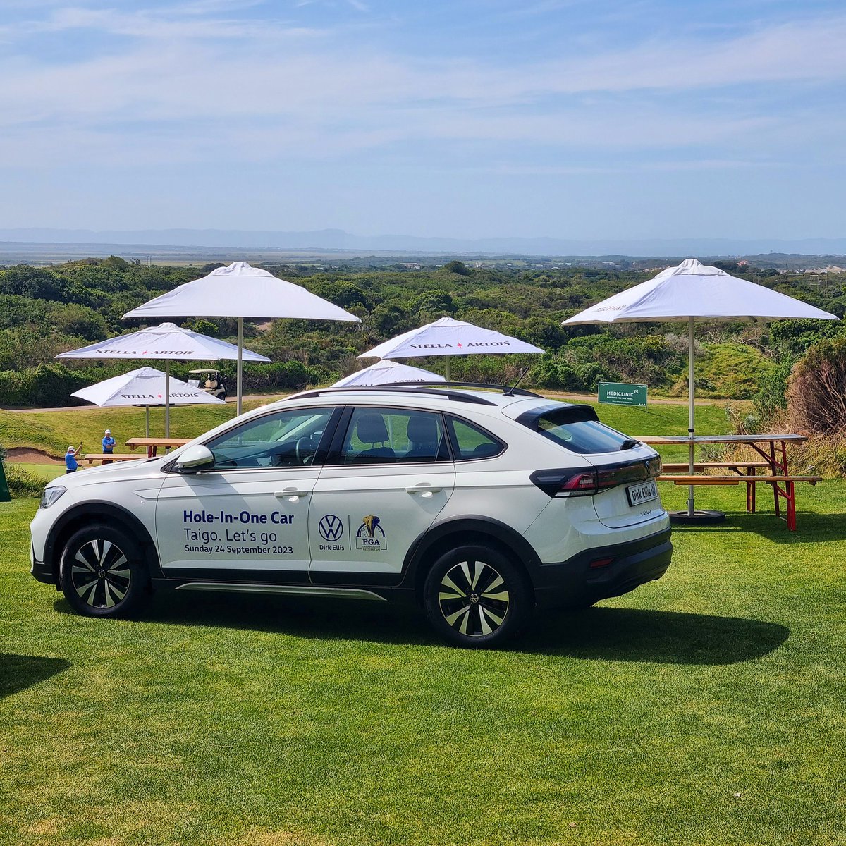 DirkEllisVW's tweet photo. The first professional player to record a hole-in-one on hole 17 @StFrancisLinks during round 4 of the @Sunshine_Tour @PGAChampion_SA will win a new Volkswagen Taigo. Let’s go!
#PGAChampionship https://t.co/3PhVoBmOap