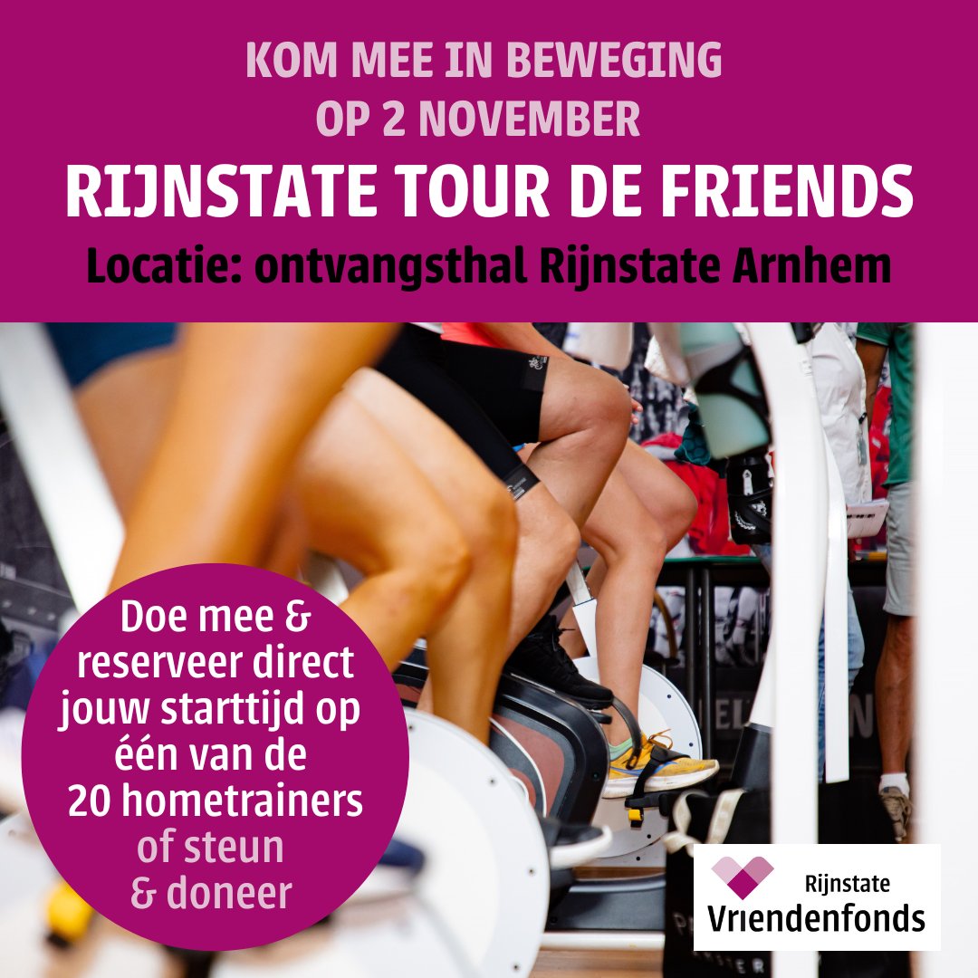 Wat geweldig, de aanmeldingen stromen al binnen! Kom jij op 2 november ook mee in beweging tijdens de RIJNSTATE TOUR DE FRIENDS op één van de 20 hometrainers die in de ontvangsthal van <a href="/Rijnstate/">Rijnstate</a> Arnhem klaarstaan? Meer info en inschrijving via 👉buff.ly/44X1Ru0