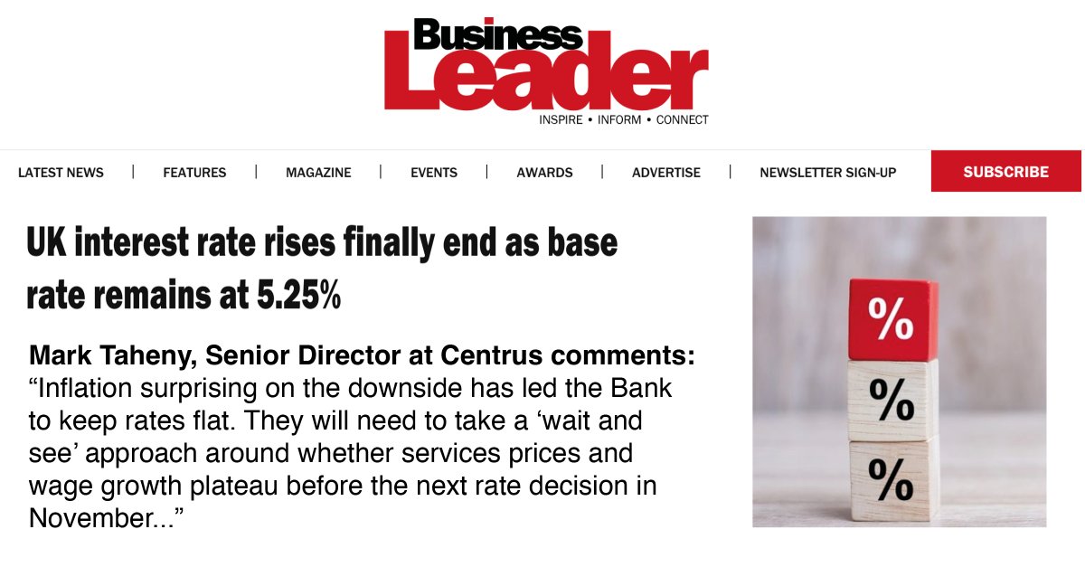 The Bank of England has left the base #InterestRate at 5.25%. This follows 14 straight rate increases and a surprise drop in the UK #InflationRate. 
Read our reaction to the announcement in @BusinessLeader Magazine:lnkd.in/e5GM7w2Q