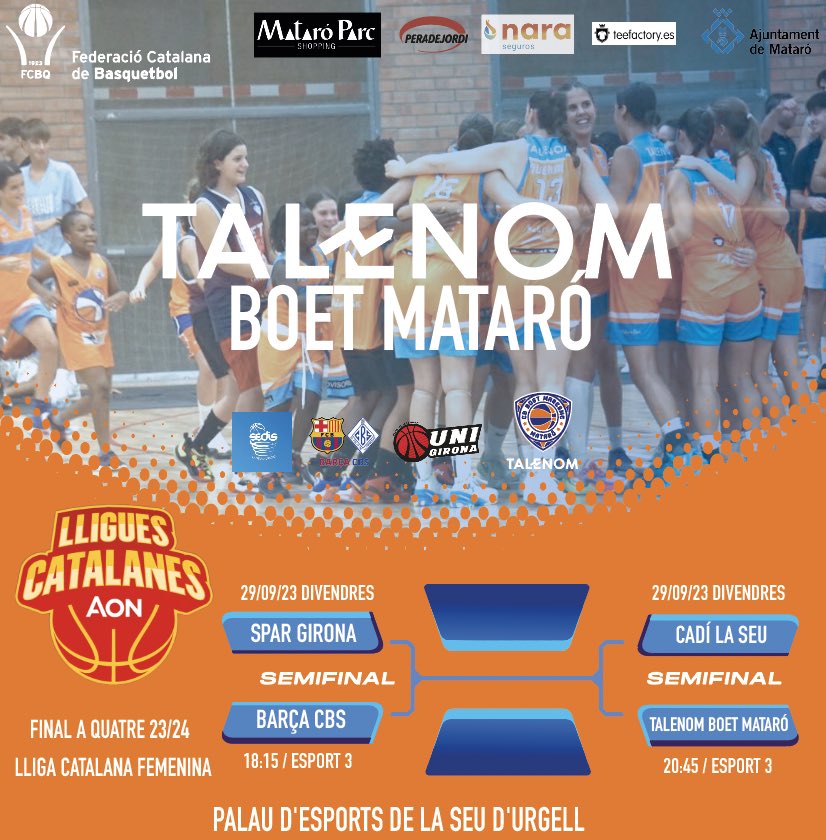 𝐓𝐀𝐋𝐄𝐍𝐎𝐌 𝗕𝗢𝗘𝗧 𝗠𝗔𝗧𝗔𝗥𝗢́ el proper divendres jugarà la semifinal de la 35a edició de la Lliga Nacional Catalana AON 2023 .

Ens citem el Divendres 29 de setembre, per fer història. 

🆚  <a href="/sedisbasquet/">AE Sedis Bàsquet</a> 
📺 <a href="/esport3/">Esport3</a> 
📅  29 Divendres 
⏰ 20:45h
📍 Palau d'Esports de