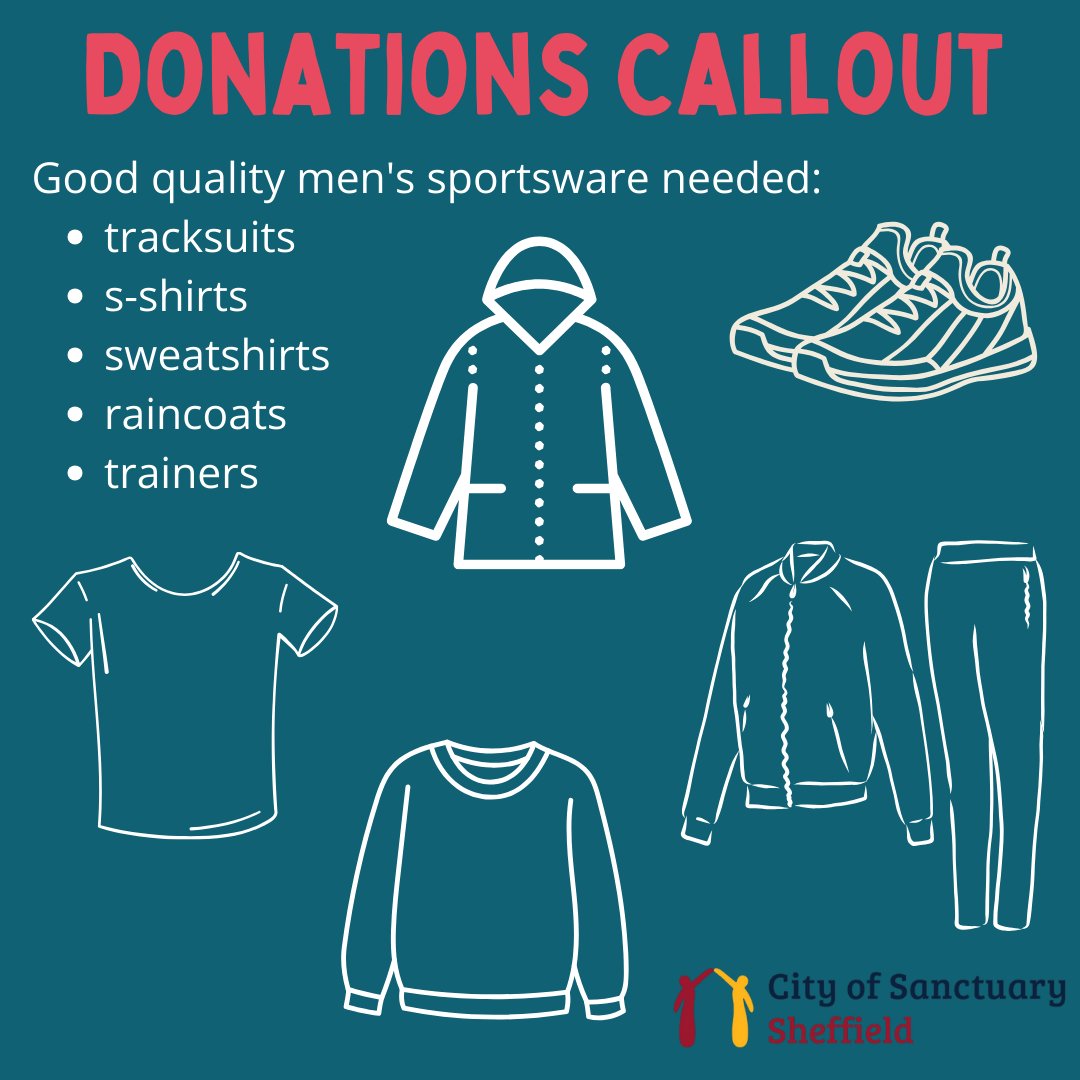 Donations callout! We're in need of men's clothes, specifically sportswear including shoes, tracksuits and coats. 👕👟🧥 Your donations will support people seeking sanctuary who have recently arrived in Sheffield. Please share!📢 tinyurl.com/CoSSclothes