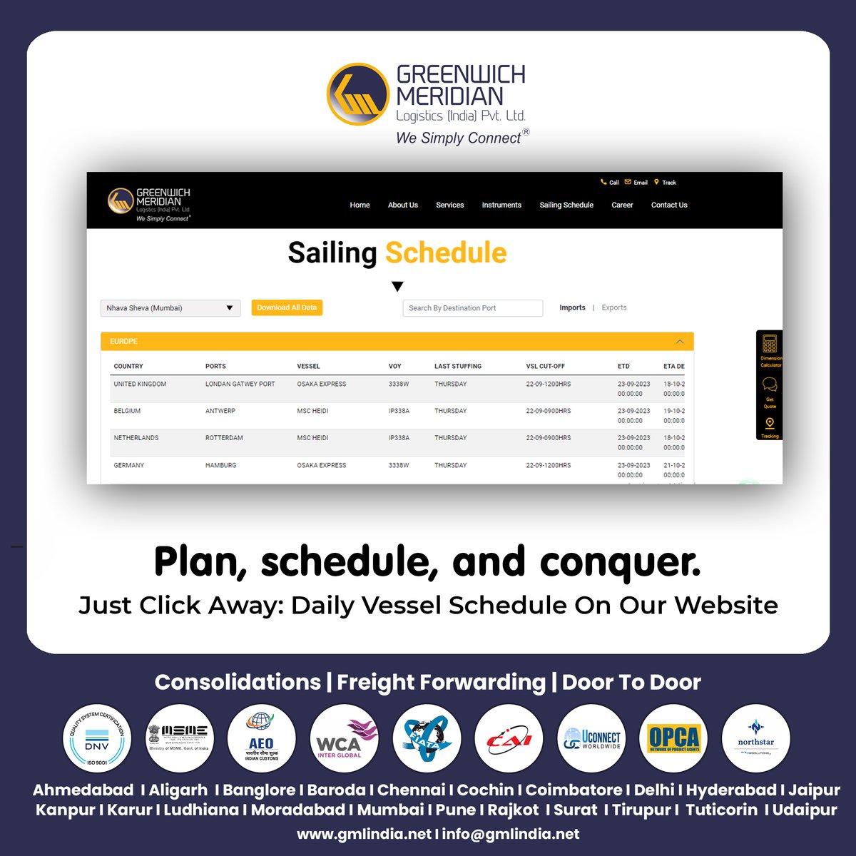 gmlogindia's tweet image. &quot;Unlock your logistics potential! Access our daily vessel schedule with a simple click. Explore our website now. 

𝐖𝐞 𝐀𝐫𝐞 𝐉𝐮𝐬𝐭 𝐀 𝐂𝐚𝐥𝐥 𝐀𝐰𝐚𝐲:
Mumbai Head Office -
+91 22 6148 9999
+91 22 6148 9910

 #EfficientScheduling #logistics #gmlindia