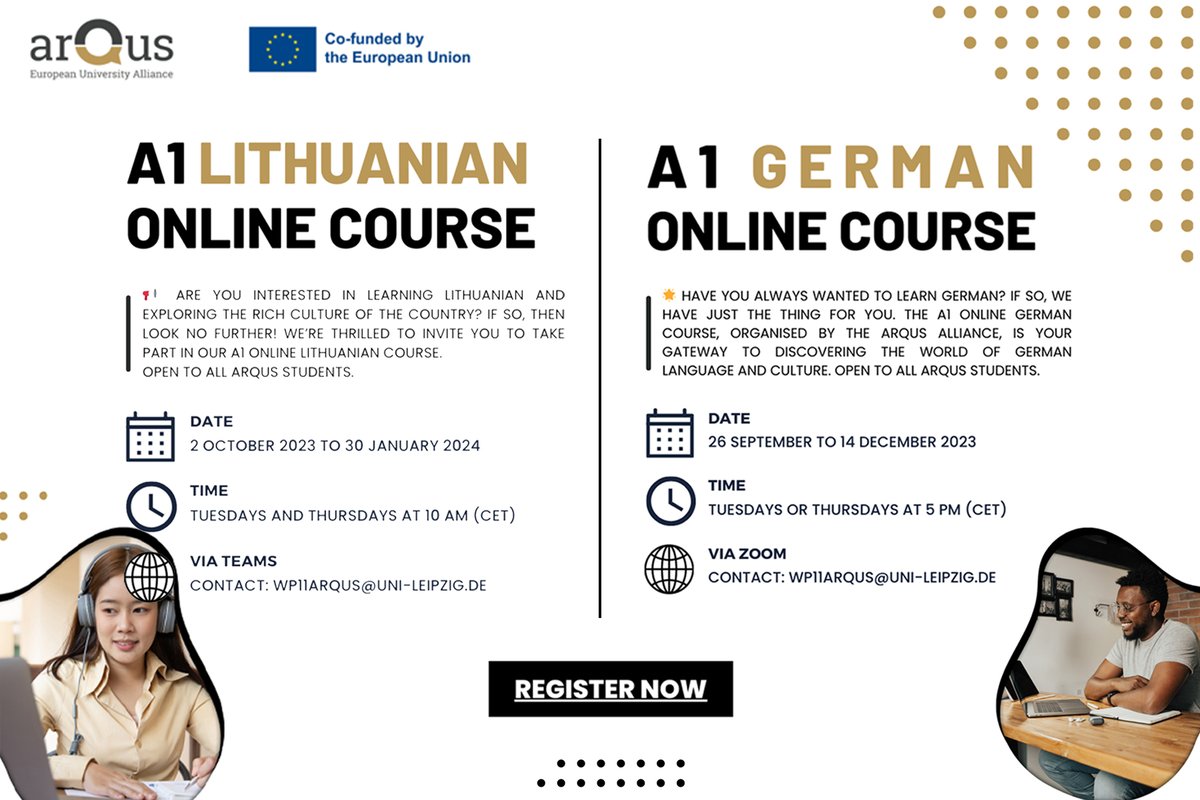 🗣️Would you like to learn #German or #Lithuanian and explore the culture of these countries? Be part of the #Arqus A1 Online Courses! ✍️Enroll in the 🇩🇪 course by 24th September👉arqus-alliance.eu/news/arqus-a1-… and in the 🇱🇹 course by 30th September👉arqus-alliance.eu/news/lithuania…