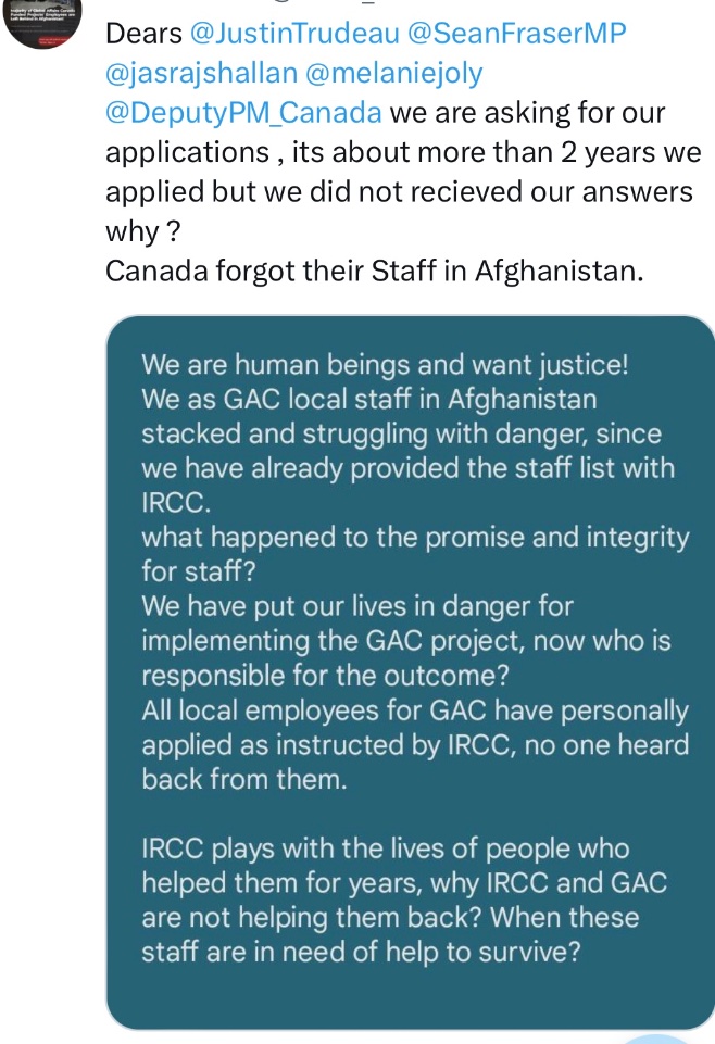 Piazotalo (@talopiazo) on Twitter photo 🚨 <a href="/JustinTrudeau/">Justin Trudeau</a> <a href="/melaniejoly/">Mélanie Joly</a> <a href="/CitImmCanada/">IRCC</a> <a href="/MarcMillerVM/">Marc Miller ᐅᑭᒫᐃᐧᐅᓃᐸᐄᐧᐤᐃᔨᐣ</a>
<a href="/GAC_Corporate/">Global Affairs Canada</a> it's been over 2 years 👉pay attention to <a href="/GacStff/">GAC staff left behind</a> +all who worked for🇨🇦GAC+DND they are in danger for providing service to🇨🇦they depend on the evacuation🇨🇦promised👇 🚨 <a href="/JustinTrudeau/">Justin Trudeau</a> <a href="/melaniejoly/">Mélanie Joly</a> <a href="/CitImmCanada/">IRCC</a> <a href="/MarcMillerVM/">Marc Miller ᐅᑭᒫᐃᐧᐅᓃᐸᐄᐧᐤᐃᔨᐣ</a>
<a href="/GAC_Corporate/">Global Affairs Canada</a> it's been over 2 years 👉pay attention to <a href="/GacStff/">GAC staff left behind</a> +all who worked for🇨🇦GAC+DND they are in danger for providing service to🇨🇦they depend on the evacuation🇨🇦promised👇