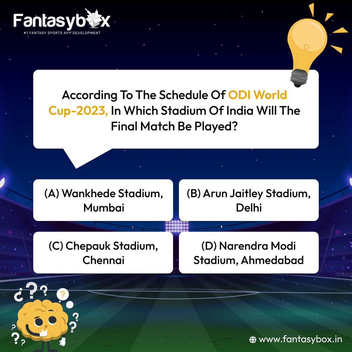 Can you guess? 🏟️🏆
Share your predictions in the comments below! 👇🏻

#Quiz #cricketquiz #CricketMania #WorldCup2023 #FinalMatch #GuessTheStadium #cricket #cricketfever #cricketstadium #trending #stadium #worldcup #explore #fantasybox