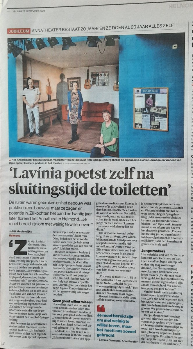 Annatheater (@annatheater) on Twitter photo 20 jaar Annatheater! Dat vieren we vanavond met (oud) spelers en vrijwilligers van het theater. We hebben niet iedereen kunnen bereiken. Dus ben je speler of vrijwilliger geweest dan ben je van harte welkom. Het feest begint om 20.00 uur.
#reünie #jubileum
Met dank aan <a href="/ED_Regio/">Eindhovens Dagblad</a> 20 jaar Annatheater! Dat vieren we vanavond met (oud) spelers en vrijwilligers van het theater. We hebben niet iedereen kunnen bereiken. Dus ben je speler of vrijwilliger geweest dan ben je van harte welkom. Het feest begint om 20.00 uur.
#reünie #jubileum
Met dank aan <a href="/ED_Regio/">Eindhovens Dagblad</a>