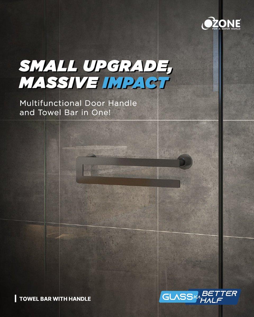 Embrace convenience with Ozone towel bar with handle. Ozone towel bars offer 2 in 1 dual functionality and are available in multiple design options, ensuring you'll never run out of choices.

#OzoneHardware #Ozone #ShowerFittings #TowelBar #ShowerEnclosure #GlassFittings