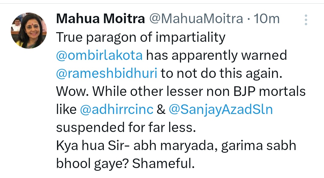 aitcmrinal's tweet photo. Example of silence in the Parliament under the pressure of @BJP4India. 
BJP MP #RameshBidhuri insulted  Muslim MP Danish Ali called Mullah Atankwadi,Harami but Speaker Om Birla only gave warning him.
@AITCofficial's MP Mahua Moitra raised her voice in this regard.
@MahuaMoitra 🙏 https://t.co/K1HG0Hum20