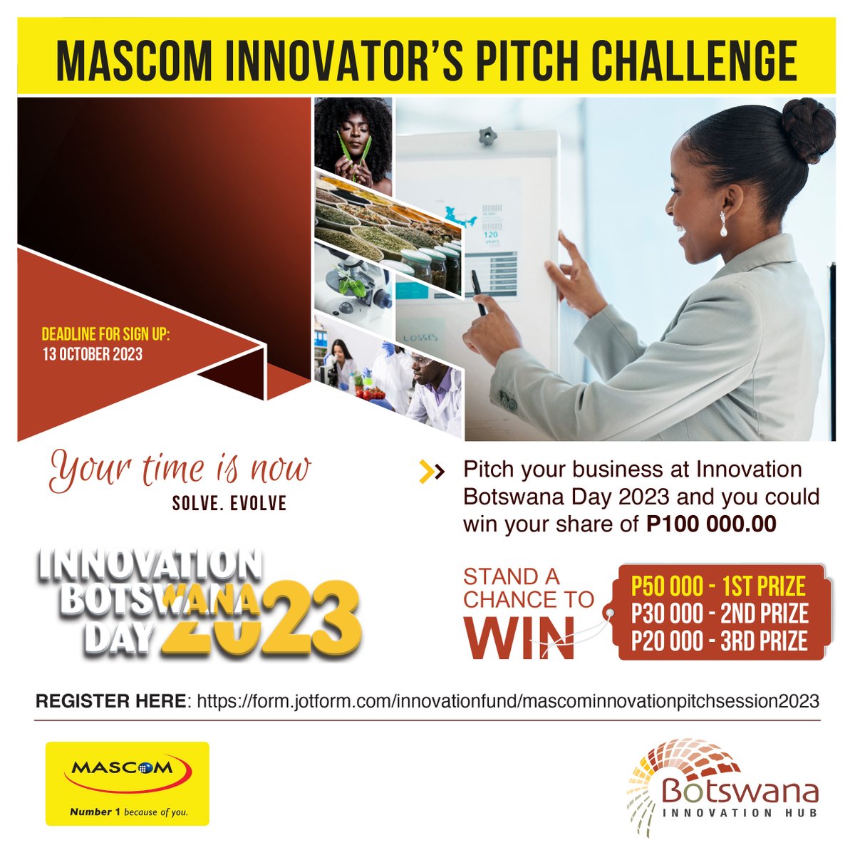 YourBDIH's tweet photo. Pitch your business at the @MascomWireless Innovator's Challenge at this year's Innovation Botswana Day, and you could win your share of BWP 100 000.00. Register now at https://t.co/nItLk6lQJw. https://t.co/JWQ3Wa82td