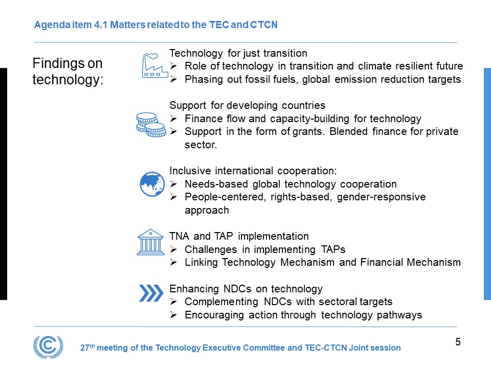 UNFCCC_CTCN's tweet photo. TEC-CTCN joint session takes stock of @UNFCCC 1.3 #GlobalStocktake Report looking at synergies across:
1⃣Technology 4 #justtransition
2⃣Support 4 #developingcountries
3⃣ Inclusive #internationalcoop
4⃣TNA & TAP implementation
5⃣Enhancing NDCs on technology
#Technologymechanism https://t.co/MrhkXKCHDt