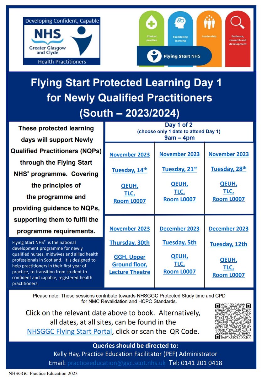 NHSGGC PEF TEAM (@nhsggcpefs) on Twitter photo Calling all NQN's Flying Start Day 1 and 2 study days (South)now available to book. Book via QR code. #flyingstart #NQN
<a href="/NHS_Education/">NHS Education for Scotland (NES)</a> <a href="/NHSGGC/">NHS Greater Glasgow and Clyde</a> Calling all NQN's Flying Start Day 1 and 2 study days (South)now available to book. Book via QR code. #flyingstart #NQN
<a href="/NHS_Education/">NHS Education for Scotland (NES)</a> <a href="/NHSGGC/">NHS Greater Glasgow and Clyde</a>