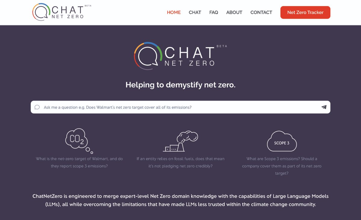 NetZeroTracker's tweet photo. Pleased to announce that https://t.co/vLYAdBUcK0 is live! ChatNetZero (beta) is the world’s first climate target #chatbot - a large language model #LLM-based chatbot that's trained on the NZT database/ analyses to determine the the credibility of climate plans. Try it now! https://t.co/cDTJGBtFnI