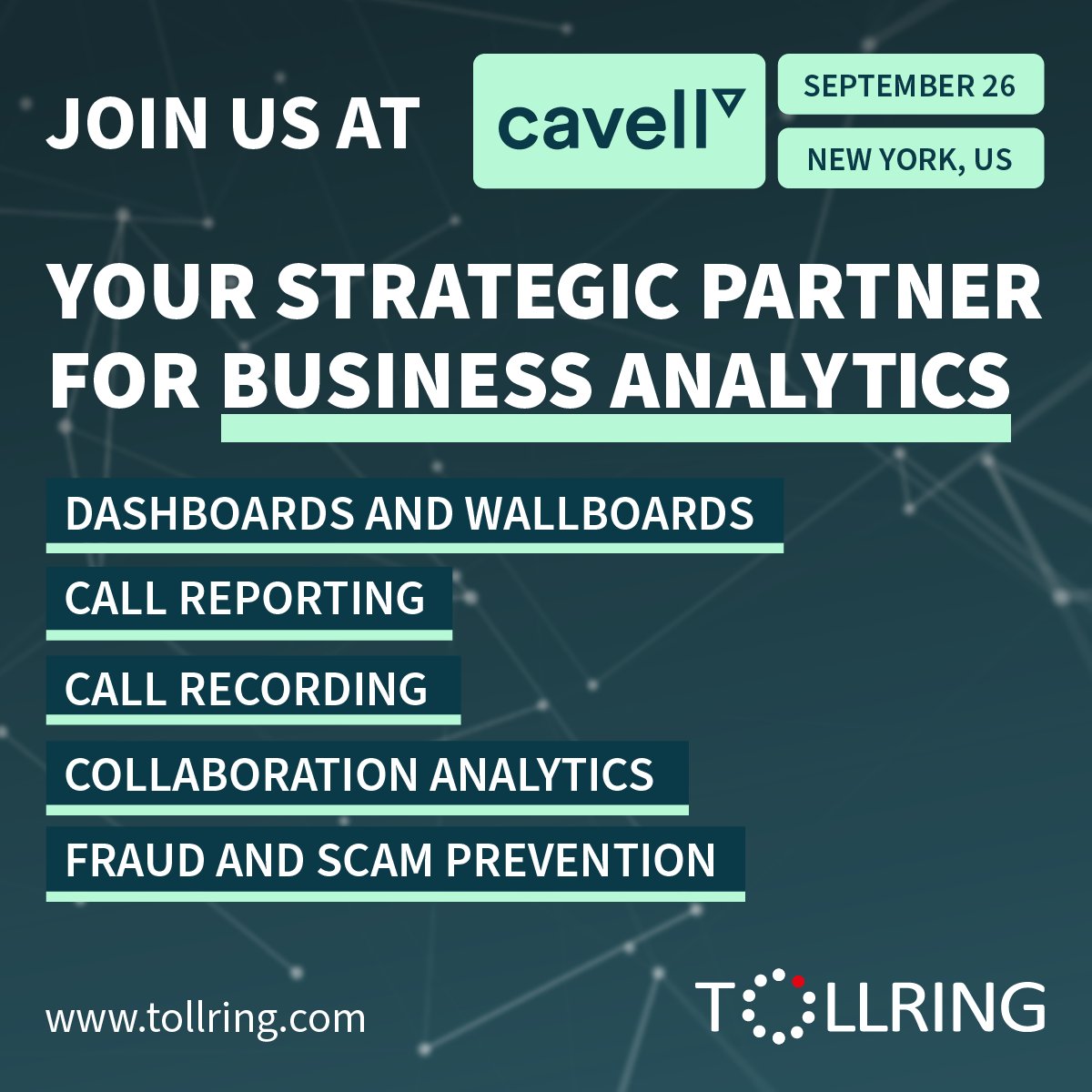 Exciting News! 🌟 Join us at the Cavell Cloud Comms Summit - North America on September 26th. Tollring is your strategic partner for business analytics, and we can't wait to showcase how we can empower your organization. #CavellCloudCommsSummit #BusinessAnalytics #Tollring