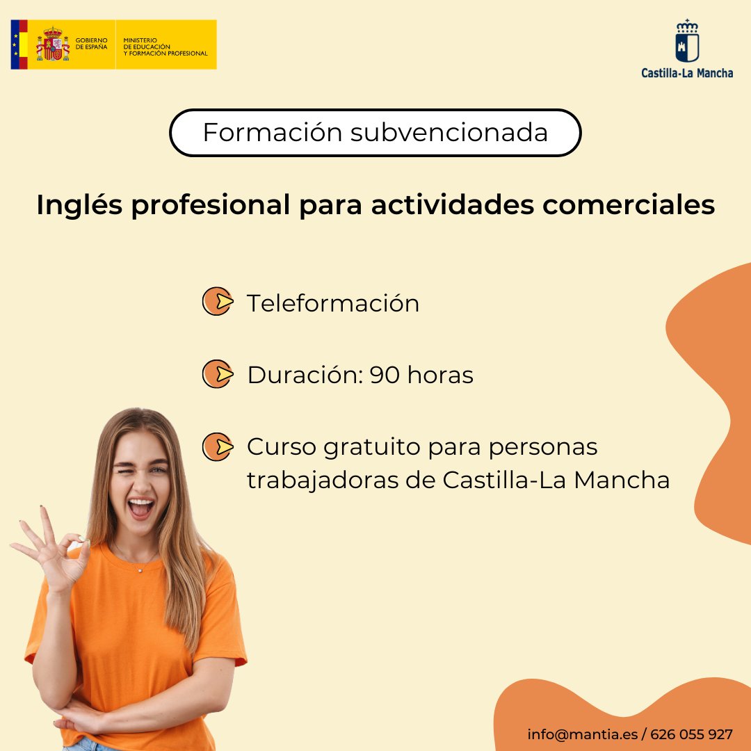 𝗜𝗻𝗴𝗹𝗲́𝘀 para la actividad comercial 💼🌍

𝗚𝗿𝗮𝘁𝘂𝗶𝘁𝗼 para trabajadores ocupados de Castilla-La Mancha. 

No pierdas esta oportunidad y aprende 𝘁𝗲́𝗰𝗻𝗶𝗰𝗮𝘀 𝗱𝗲 𝗰𝗼𝗺𝘂𝗻𝗶𝗰𝗮𝗰𝗶𝗼́𝗻 𝗰𝗼𝗺𝗲𝗿𝗰𝗶𝗮𝗹, 𝗱𝗲 𝘃𝗲𝗻𝘁𝗮𝘀.