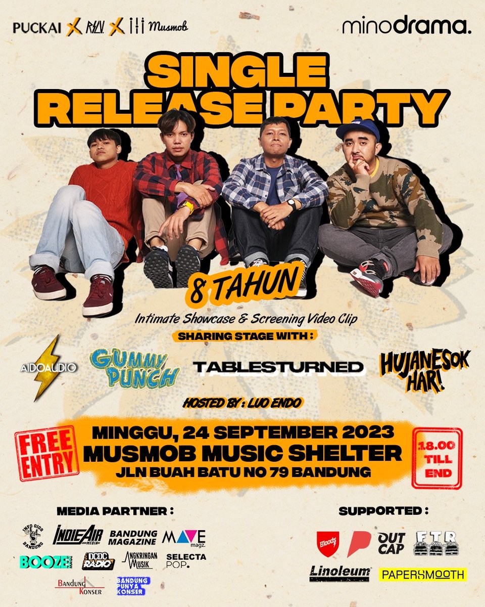 hujanesokhari_'s tweet photo. Puckai X @Musmob_id X @rslvmedia
Present:
Minodrama SINGLE RELEASE PARTY
( 8 TAHUN Intimate Showcase / Screening Video Clip)
Sunday, Sept 24th 2023 | 18.00 - 22.00 WIB | musmob.musicshelter | Jl. Buah Batu No. 79 - Bandung | Free Entry!!!
#hujanesokhari #musmob #gigsbandung https://t.co/ALc8r76kV3
