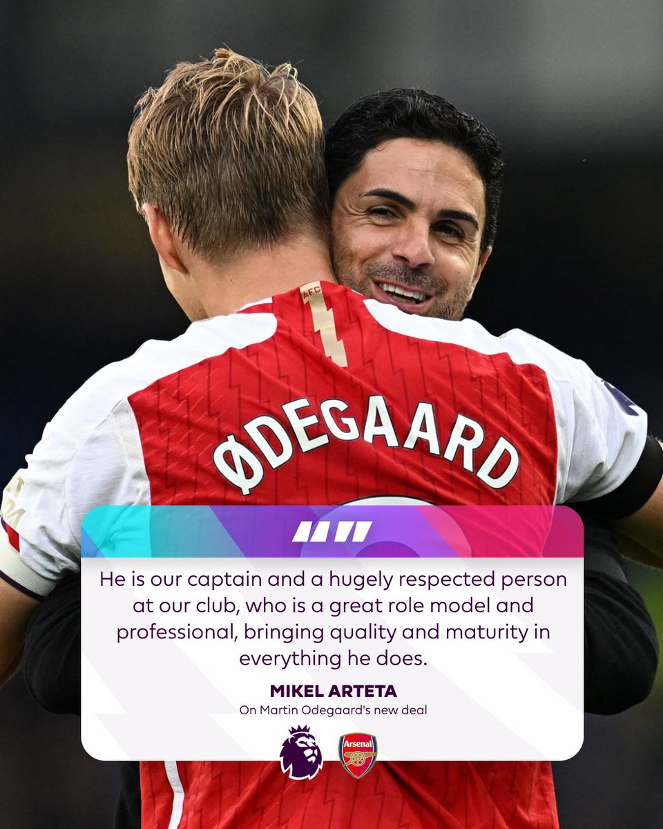 premierleague's tweet photo. A wise head on young shoulders 👏

Mikel Arteta is full of praise for Martin Odegaard 🤝 https://t.co/hMYXukvZBt