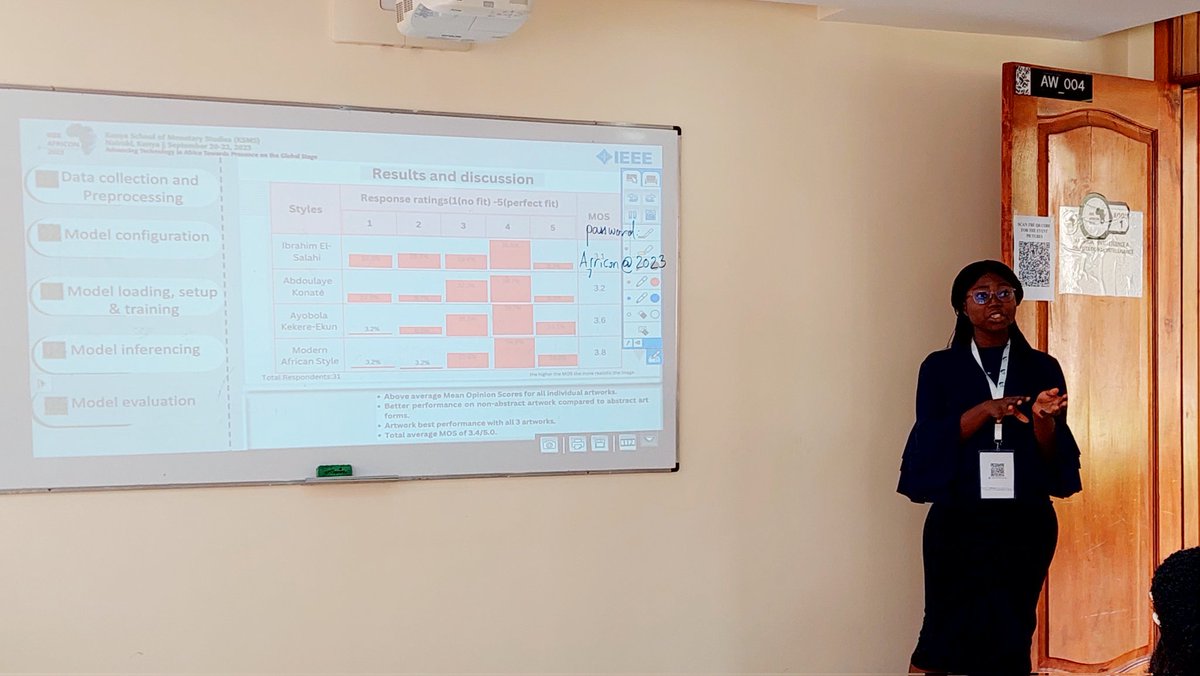 cmu_africa's tweet photo. CMU-Africa Alumna,Opeyemi Ajayi (MS EAI'23) , presents her paper co-authored by other MS EAI'23 alumni @_peroo_, Moayad Elamin , Muhammed Omer and Prof. Biyabani on 'Personalizing Stable Diffusion for Text-to-Image Generation using Textual Inversion.' 

#ieeeAfricon2023
#Ai
#ML https://t.co/pbC05y1p5R
