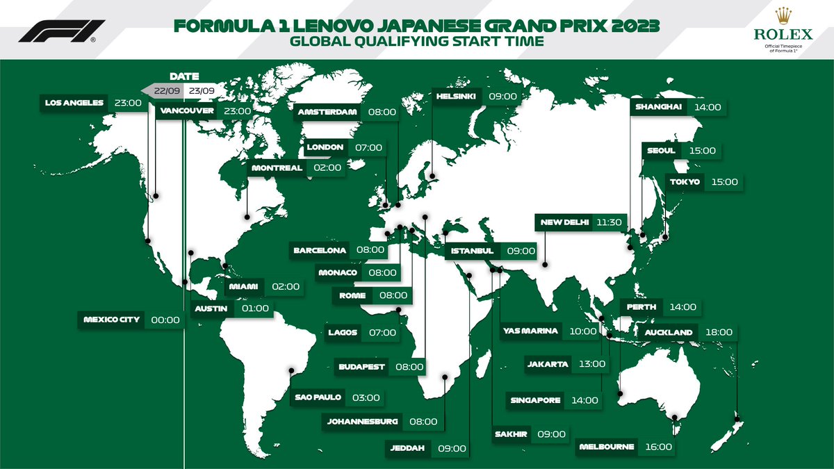F1's tweet photo. Set those alarms, prepare your coffees, or otherwise get set for qualifying, wherever you are! ⏰☕️🌍

Here's when you can catch all the action!

#JapaneseGP #F1 @ROLEX https://t.co/ryhJVkp8Dc