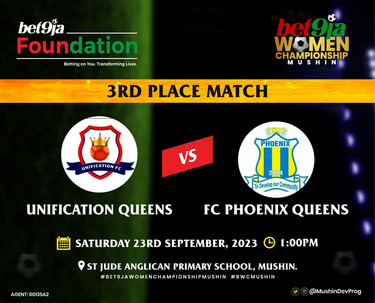 Mushindevprog's tweet photo. All set for the 3rd place and Final scheduled for tomorrow.
Unification Queens VS Phoenix Queens (3rd Place)
Time: 1pm
Oracle Queens VS FC Robo Queens (Final)
Time: 3pm
CC: @Bet9jaFndation @awesomethalith @adeniyi_play9ja @chubbyMO @Sweeegu 

#BWCMushin #Bet9jaWomenChampionship https://t.co/AFdEfJ7CeD