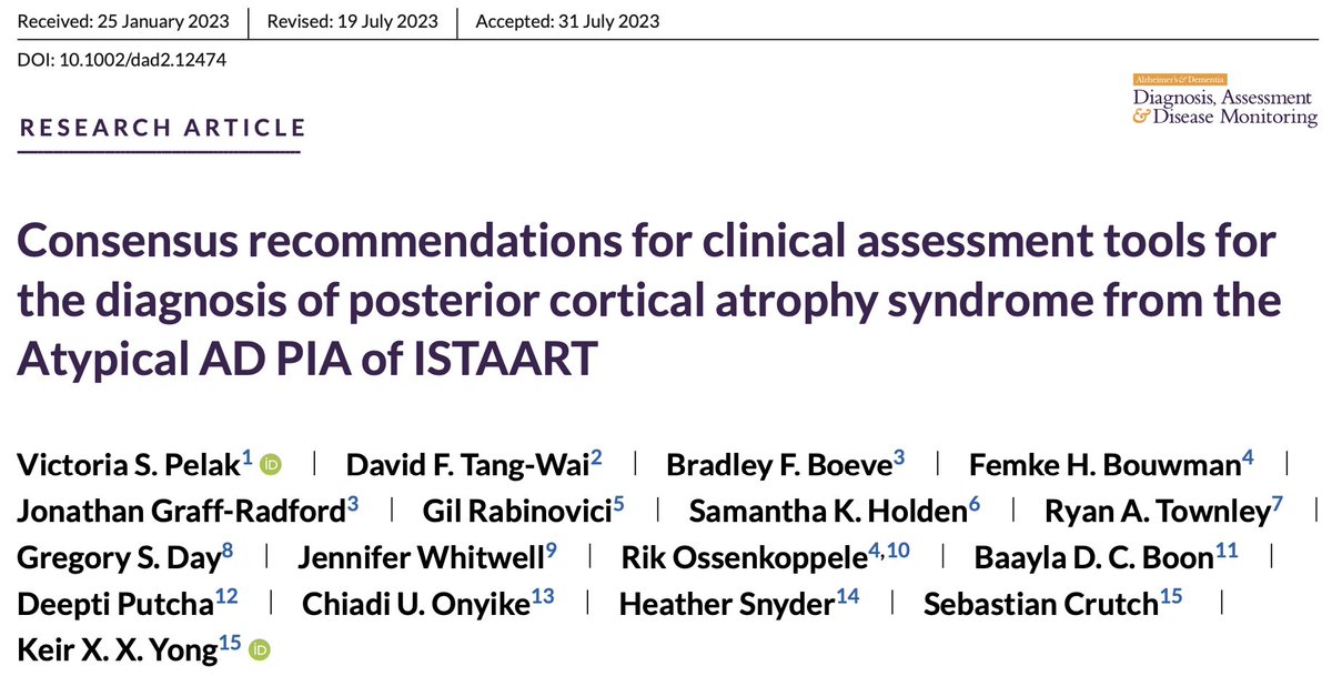 NEW: The @ISTAART @AtypicalPIA provides consensus recommendations for the clinical evaluation of Posterior Cortical Atrophy (#PCA). Many thanks to @DrVSPelak and @KeirYong for their leadership. @RabLab_UCSF @j_graffradford @DrTFromKC @BaaylaB @HeatherAlz @alzassociation