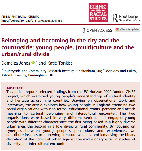 Our newest member of the @CCRI_UK team, Demelza Jones has just had an article published in Ethnic & Racial Studies📢🥳 Belonging and becoming in the city and the countryside...co-authored with @KatieTonkiss #OpenAccess tandfonline.com/doi/epdf/10.10… #Youth #Culture #Rural #Urban