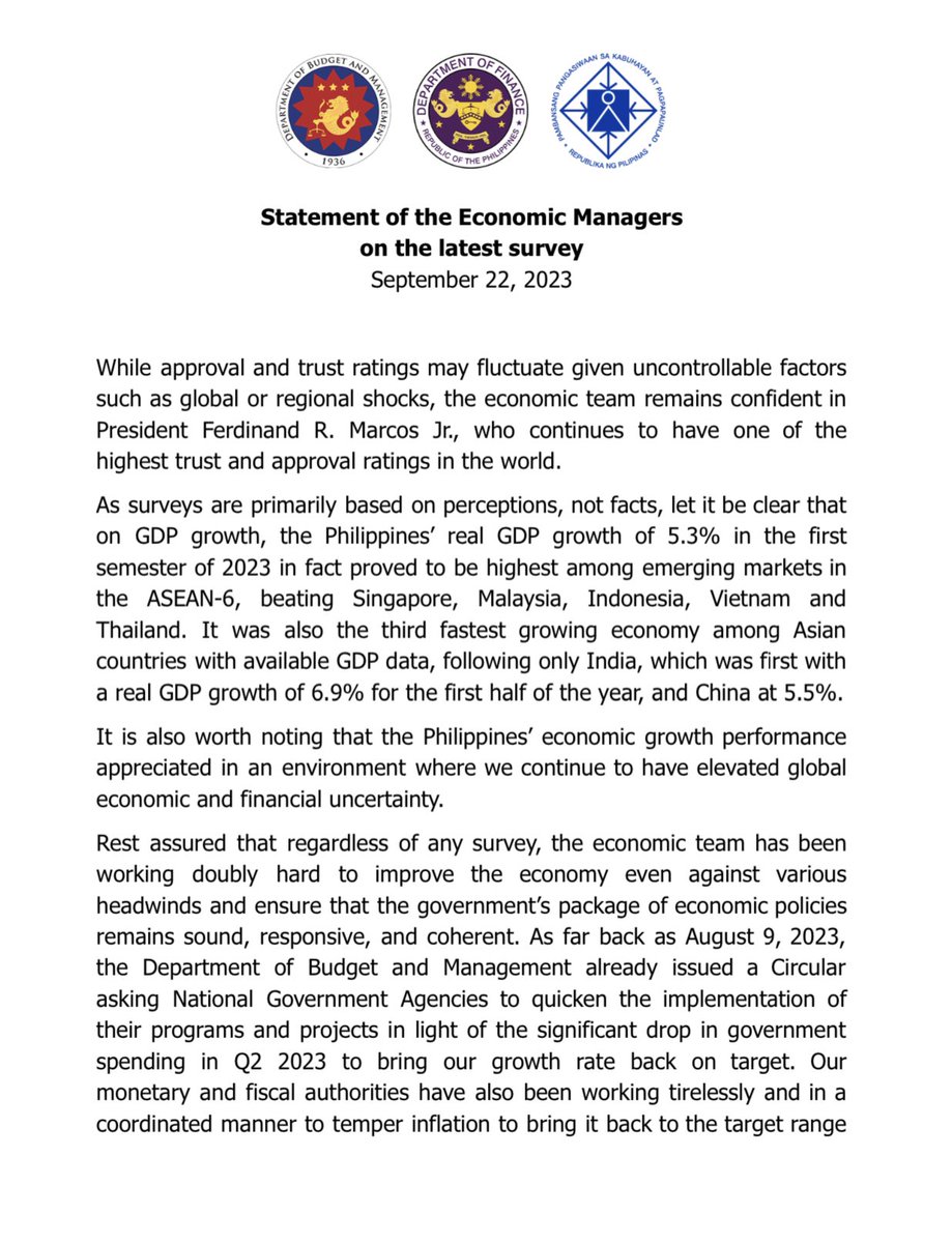 iamgoddes's tweet photo. LOOK: Statement of the Economic Managers on the latest #survey citing approval and trust ratings of President #BongbongMarcos and various government agencies and its officials https://t.co/VUExMSUuGv