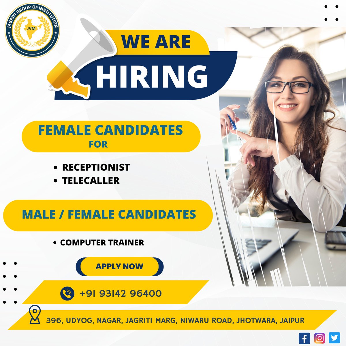 jagritigroup's tweet photo. We're on the lookout for a talented  Receptionist, Telecaller &amp; Computer Trainer to inspire the next generation of tech enthusiasts! Apply today. 🚀 https://t.co/O8jT7cRWYK
