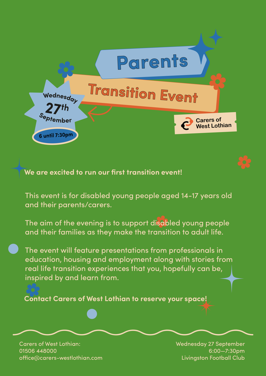 📢 Parents &amp; youths (14+)! Join @CarersWL Transitions Event - Livingston Stadium, 27th Sept at 6pm. Dive into the COMPASS app, talk Guardianship, &amp; navigate resources for transitioning from school to adult life. Don't miss out on this invaluable support. Spread the word!🌟#Growth