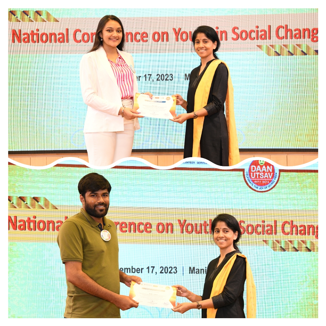 Siya Saigal (2 year BBA) And Aditya Tanwar (1st year Msc. Health Economics) received the Appreciation Award for the poster they presented during 4th National Conference on Social Change held recently in Manipal MAHE campus.