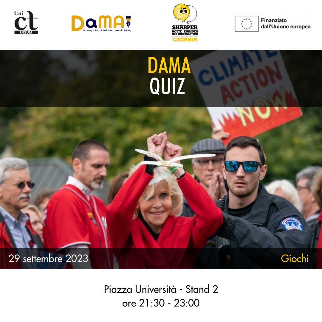 Le ricercatrici del PRIN DAMA-Divagrafie intrattengono il pubblico con un Cine-quiz su film e temi ambientali, valorizzando le attrici e il loro impegno su questioni di genere e sulla difesa del pianeta

Programma: bit.ly/SharperDisum23

#sharpernight

<a href="/Unict_it/">Unict</a> <a href="/sharpernight/">SHARPER Night</a>