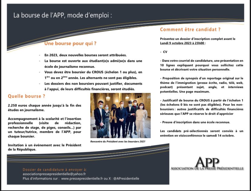 🚨🚨Vous êtes étudiant(e) en école de journalisme ? C'est l'heure des candidatures à la Bourse APP 2023 ! Vous avez jusqu’au 9 octobre! ⏰
À la clé une bourse de 2.250 euros et un tutorat par un journaliste de l’Association de la presse présidentielle.
Toutes les infos ici ⬇️⬇️⬇️