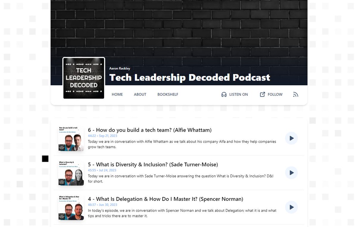 Aaron_Rackley's tweet photo. The new website for my podcast is now up and running, including a bookshelf containing all the great recommended reading from our guests. https://t.co/Ix6npQSkDO

#techpodcast #leadership #webdev https://t.co/7BAnjwpnfF