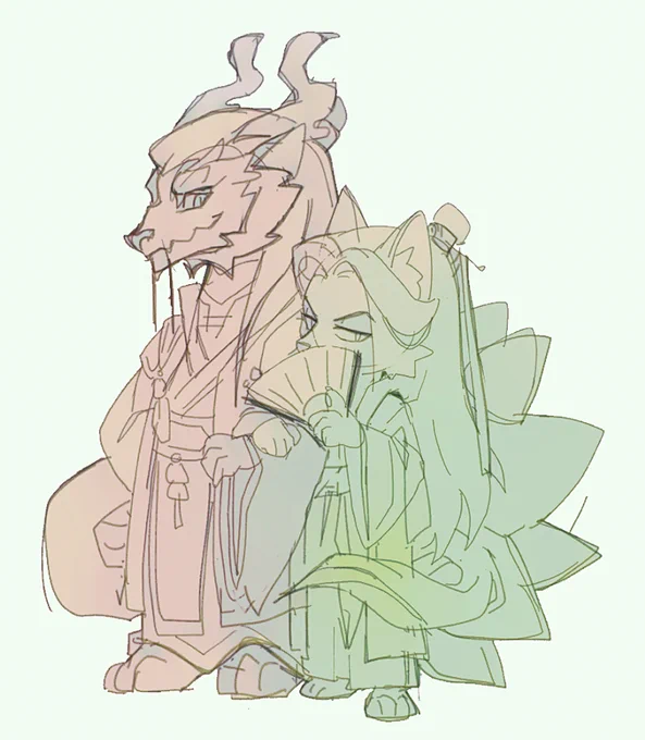 Should be asleep, but I was feeling anxious/antsy so I wanted to draw something before sleep. Foxjiu is definitely not saying anything nice. 