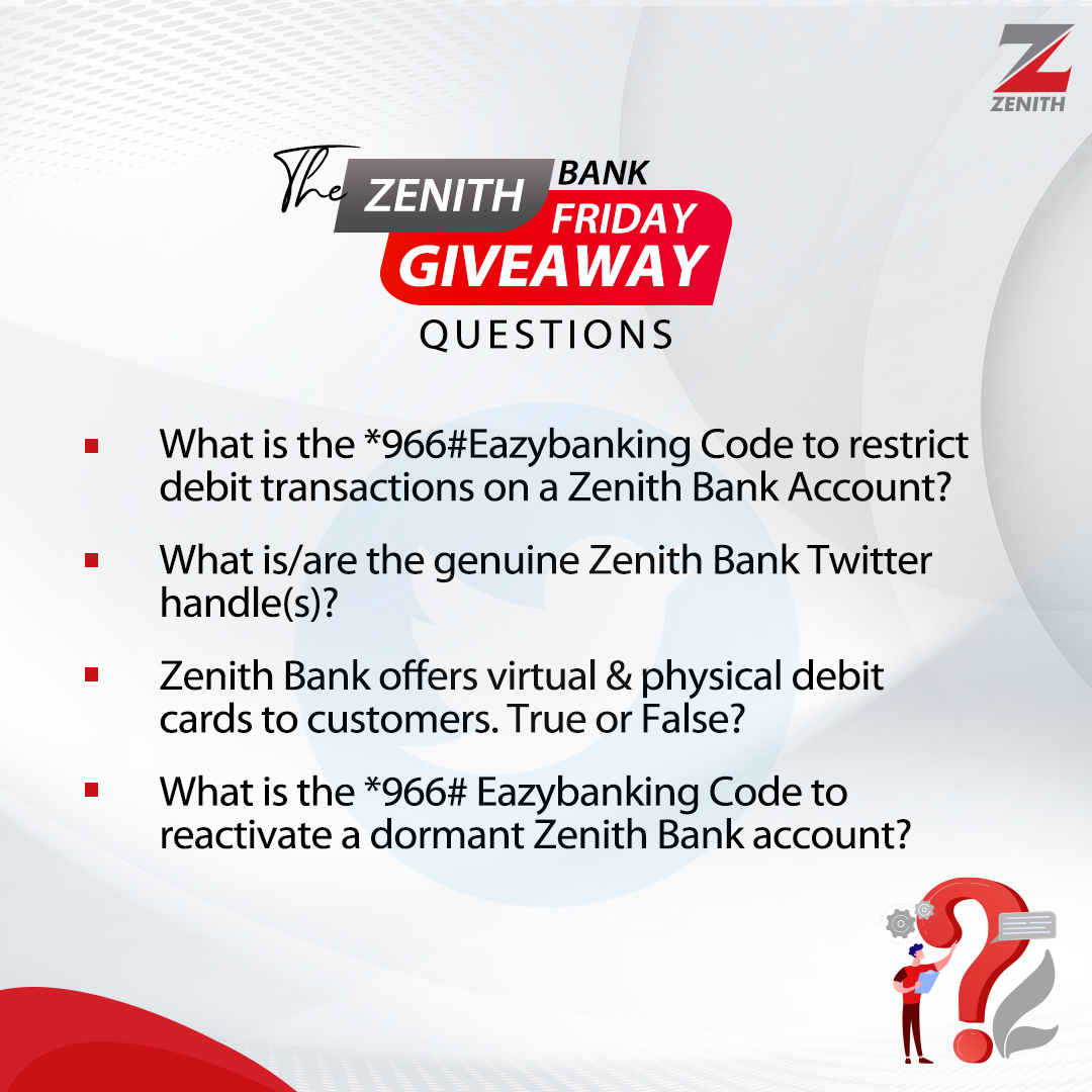 ZenithBank's tweet image. And the Zenith Bank Friday Giveaway is live!

Qualifying conditions are:
- You must have an active Zenith Bank Account
- You must follow us on Twitter
- You must like, share and repost using all the hashtags in our post.
- You must tag at least 5 people in your repost

You have…