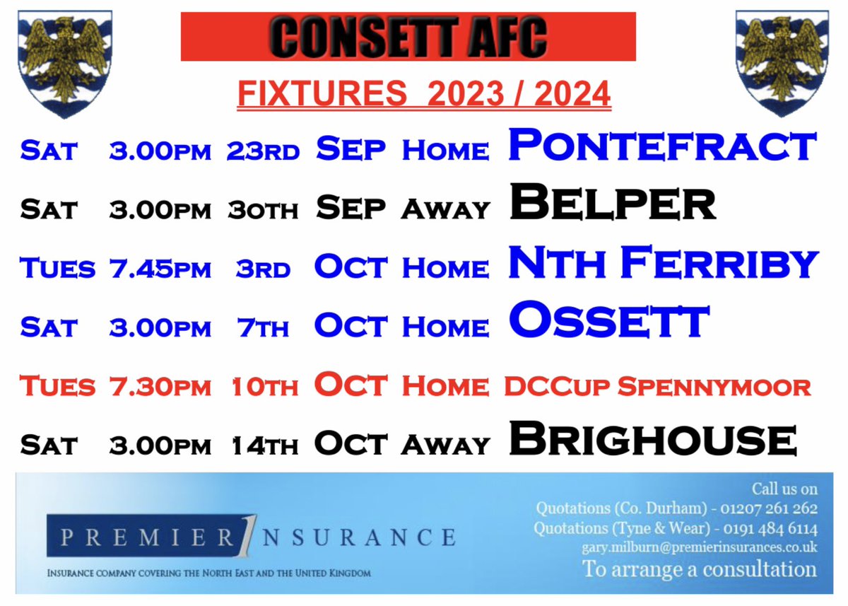 Our updated fixtures including this Saturday’s home match against Pontefract Collieries. 
Also added is our Frank Pattison <a href="/DurhamFA/">𝗗𝘂𝗿𝗵𝗮𝗺 𝗖𝗼𝘂𝗻𝘁𝘆 𝗙𝗔 ⚽️</a> Challenge Cup match at home to <a href="/SpennymoorTown/">Spennymoor Town FC</a> with a 7.30pm kick off on Tuesday 10th October. 🤞⚽️🏆